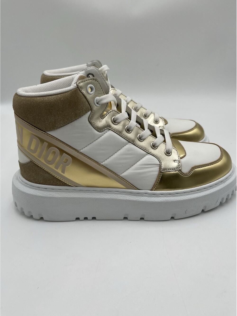 Christian Dior D-Player high-top sneaker white/gold metallic leather Size 39